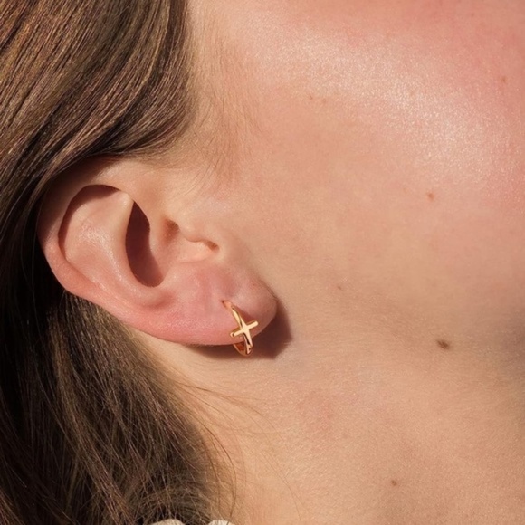 GOLD 14k Gold Plated Cross Huggie Hoop Earrings - Picture 1 of 2